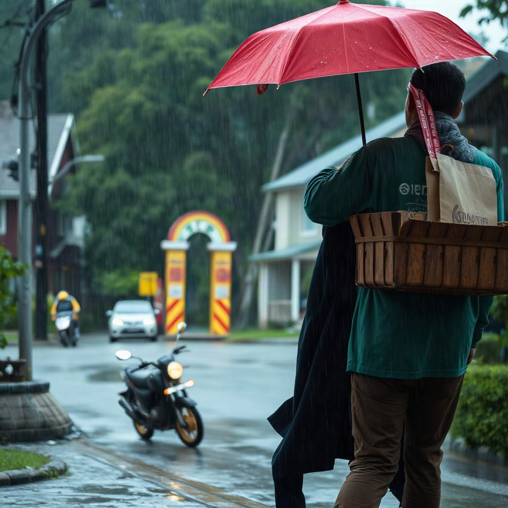 Courier in rain returning to old neighborhood scene